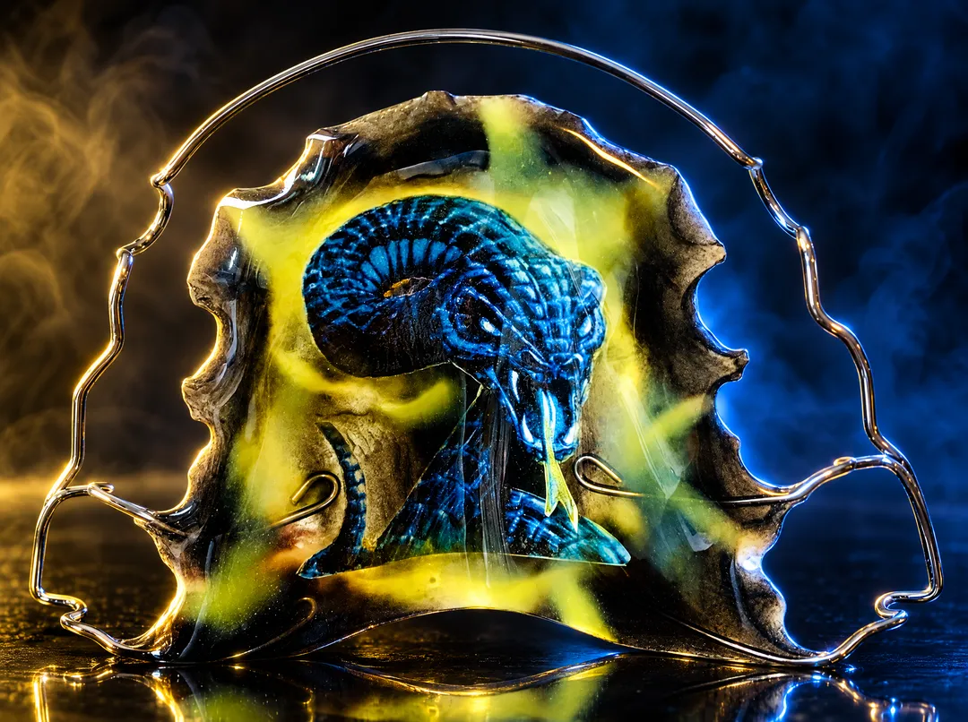 Blaue Schlange mit gelb-mattschwarzem Hintergrund