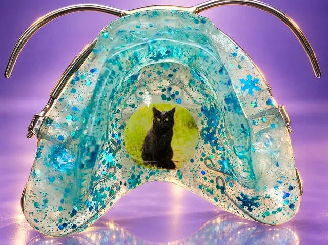 Blue snowflakes with a black cat