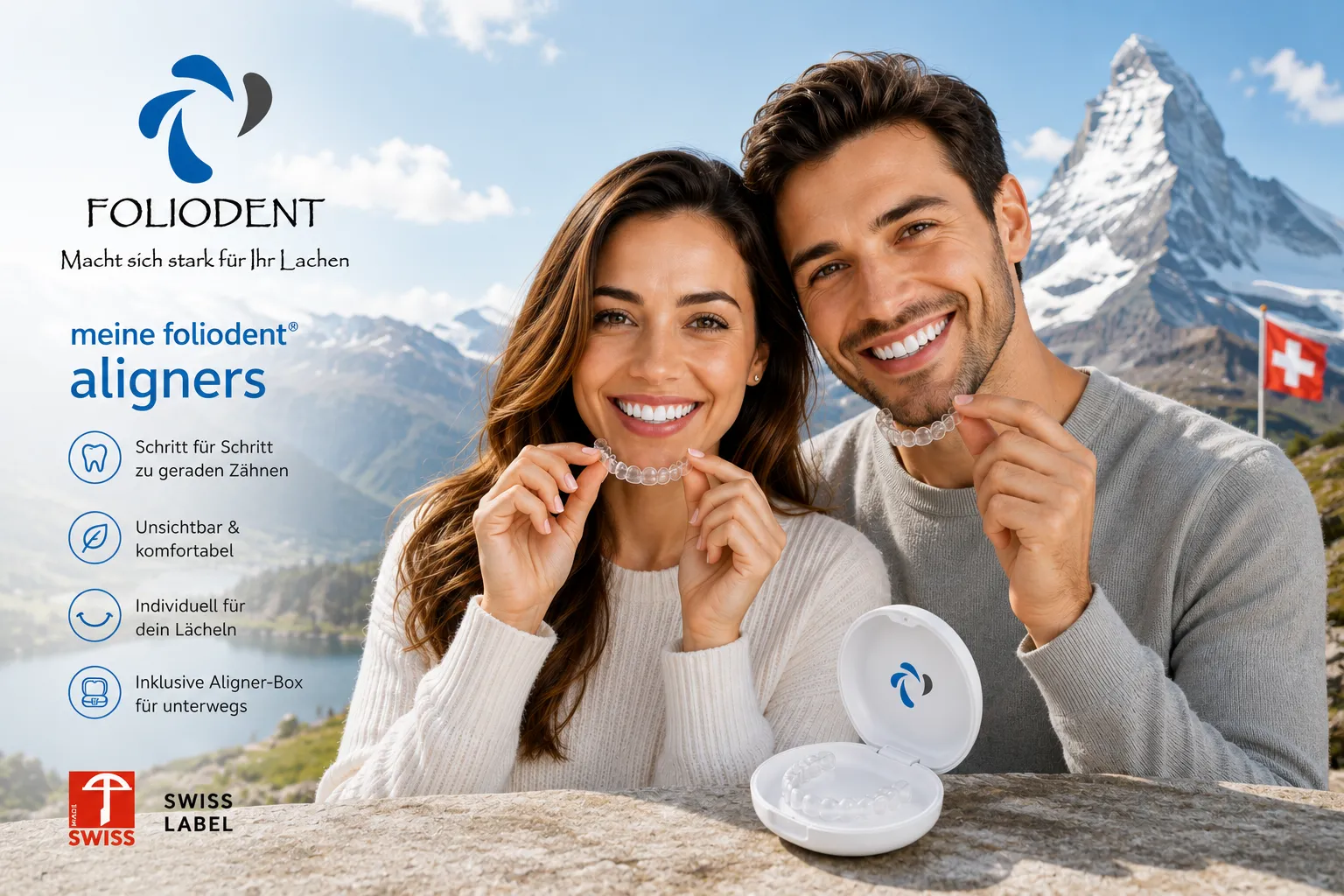 The lab's FOLIODENT flyer: my foliodent aligners – step by step to straight teeth, invisible and comfortable, custom-made, with an aligner case; a couple holding aligners in front of the Matterhorn