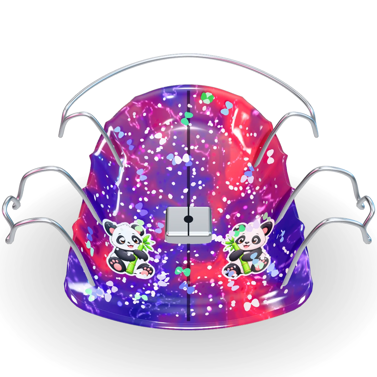 3D-Spange als Galaxy in Pink, Violett und Königsblau mit Schmetterlingsglitzer und einem Panda-Paar